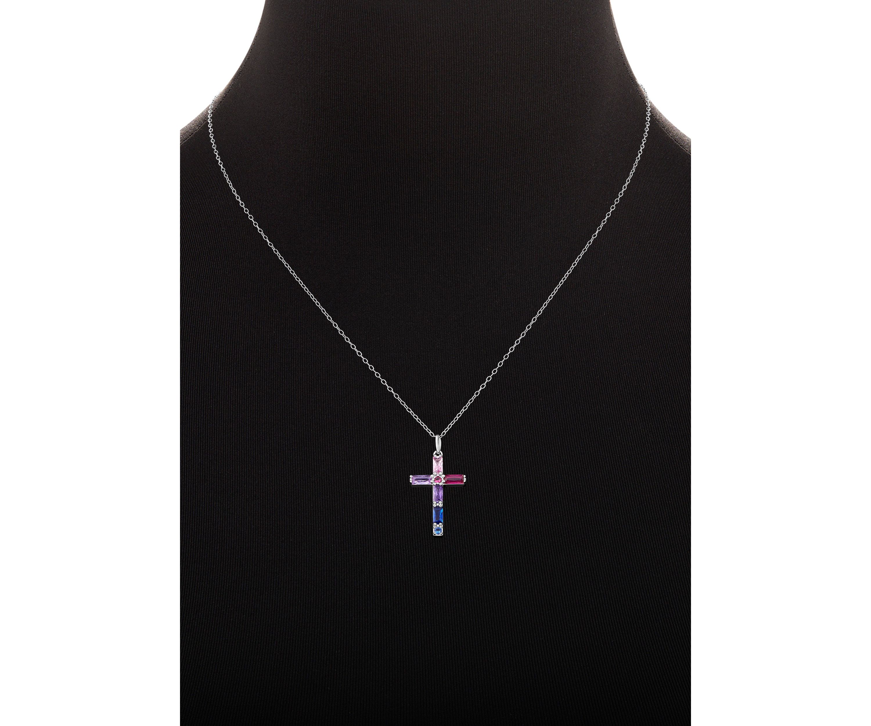 Sterling Silver Multicolor Cubic Zirconia Cross Pendant Necklace