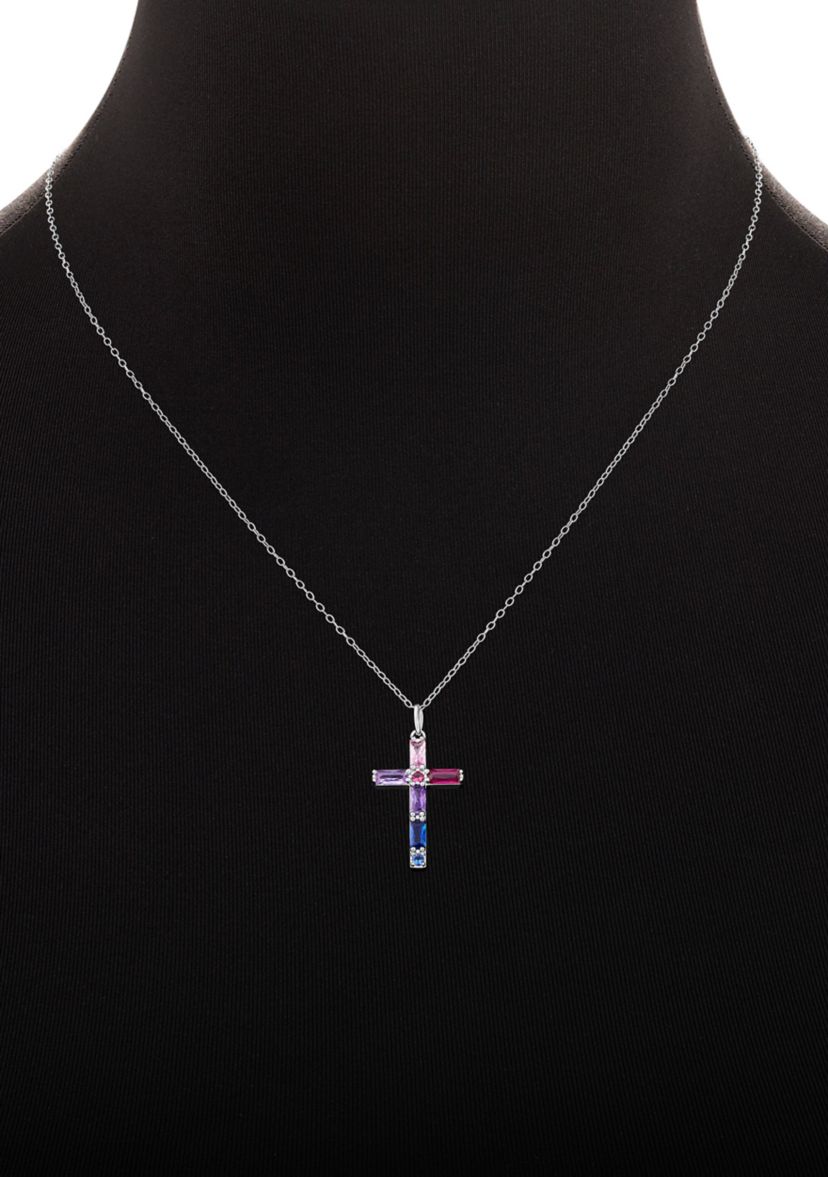 Sterling Silver Multicolor Cubic Zirconia Cross Pendant Necklace