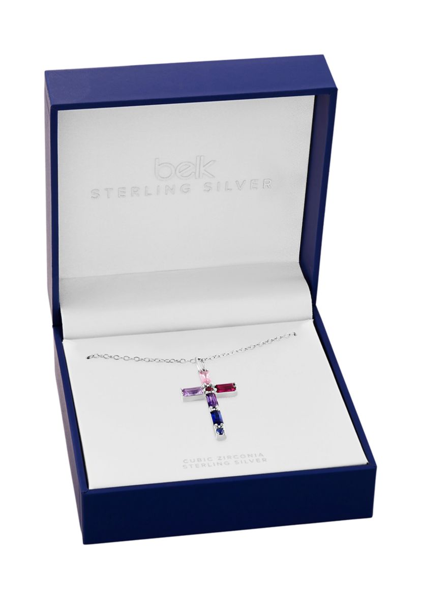 Sterling Silver Multicolor Cubic Zirconia Cross Pendant Necklace