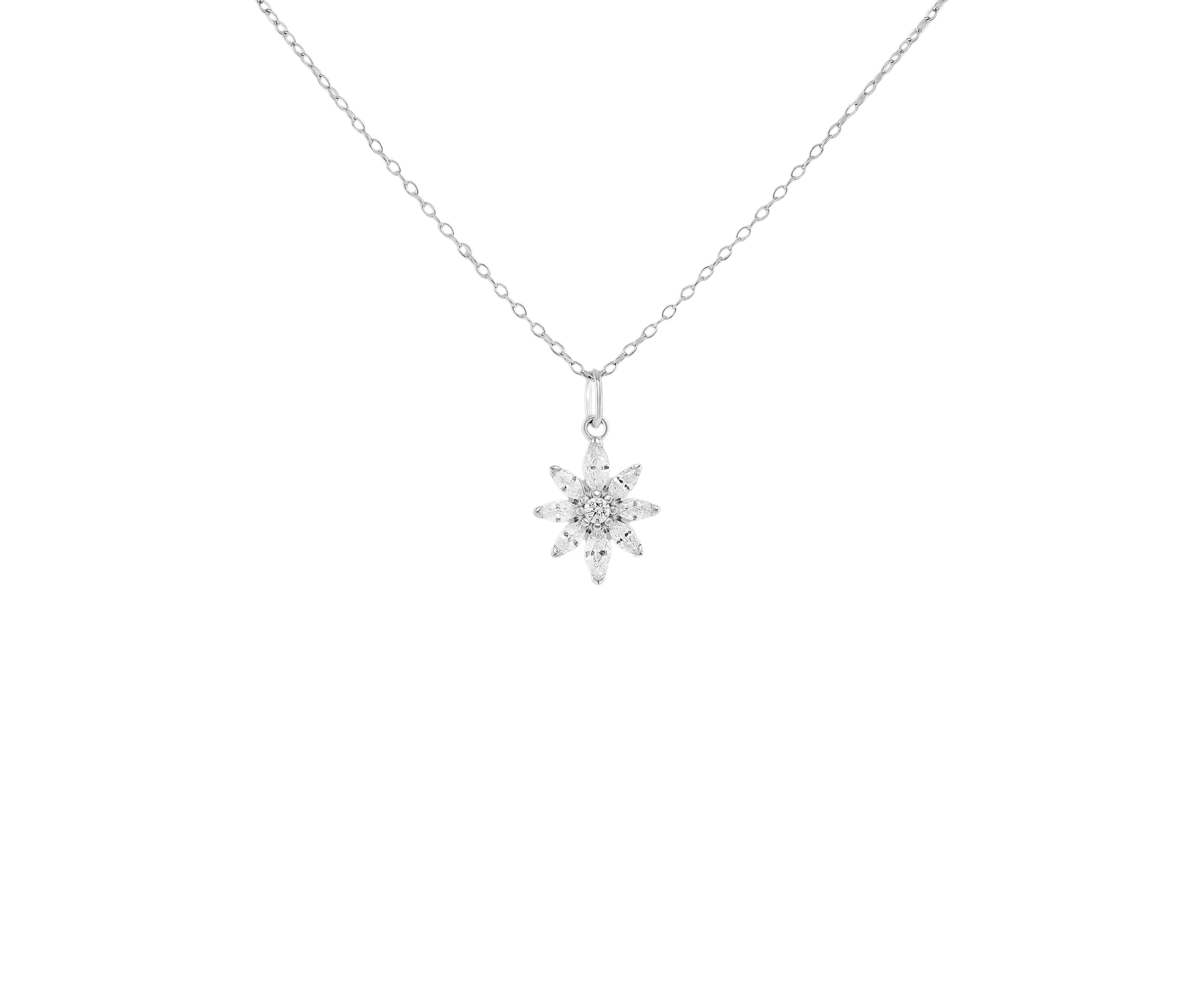 Sterling Silver Round Marquise Cubic Zirconia Flower Pendant Necklace