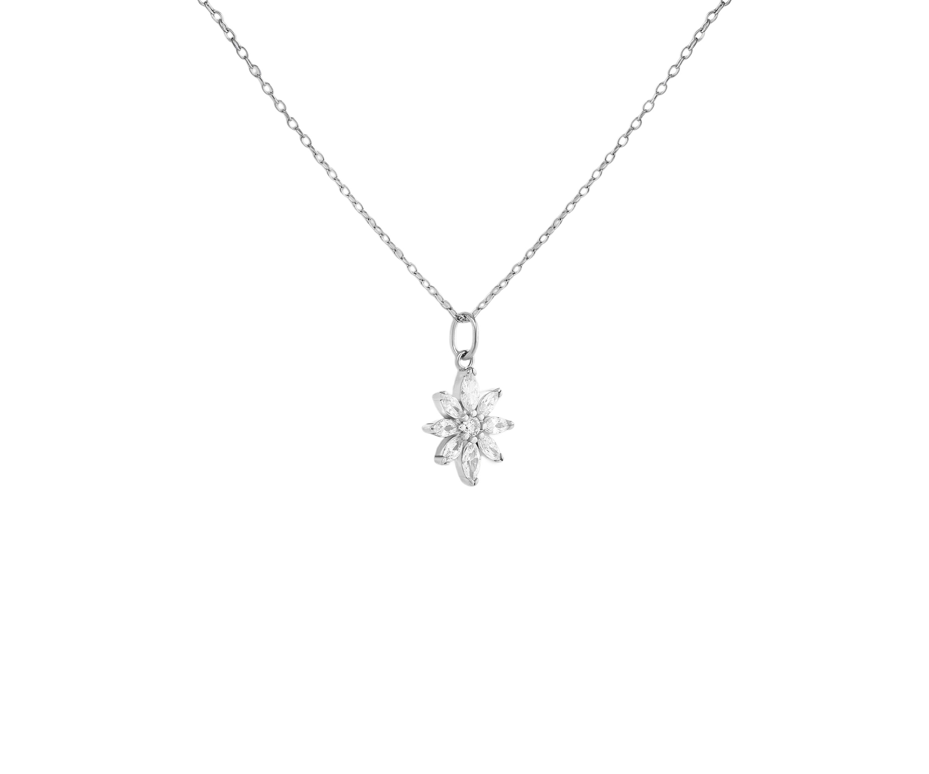 Sterling Silver Round Marquise Cubic Zirconia Flower Pendant Necklace