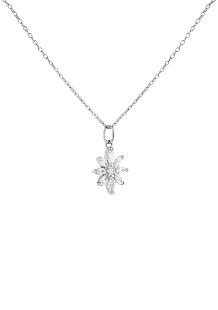 Sterling Silver Round Marquise Cubic Zirconia Flower Pendant Necklace