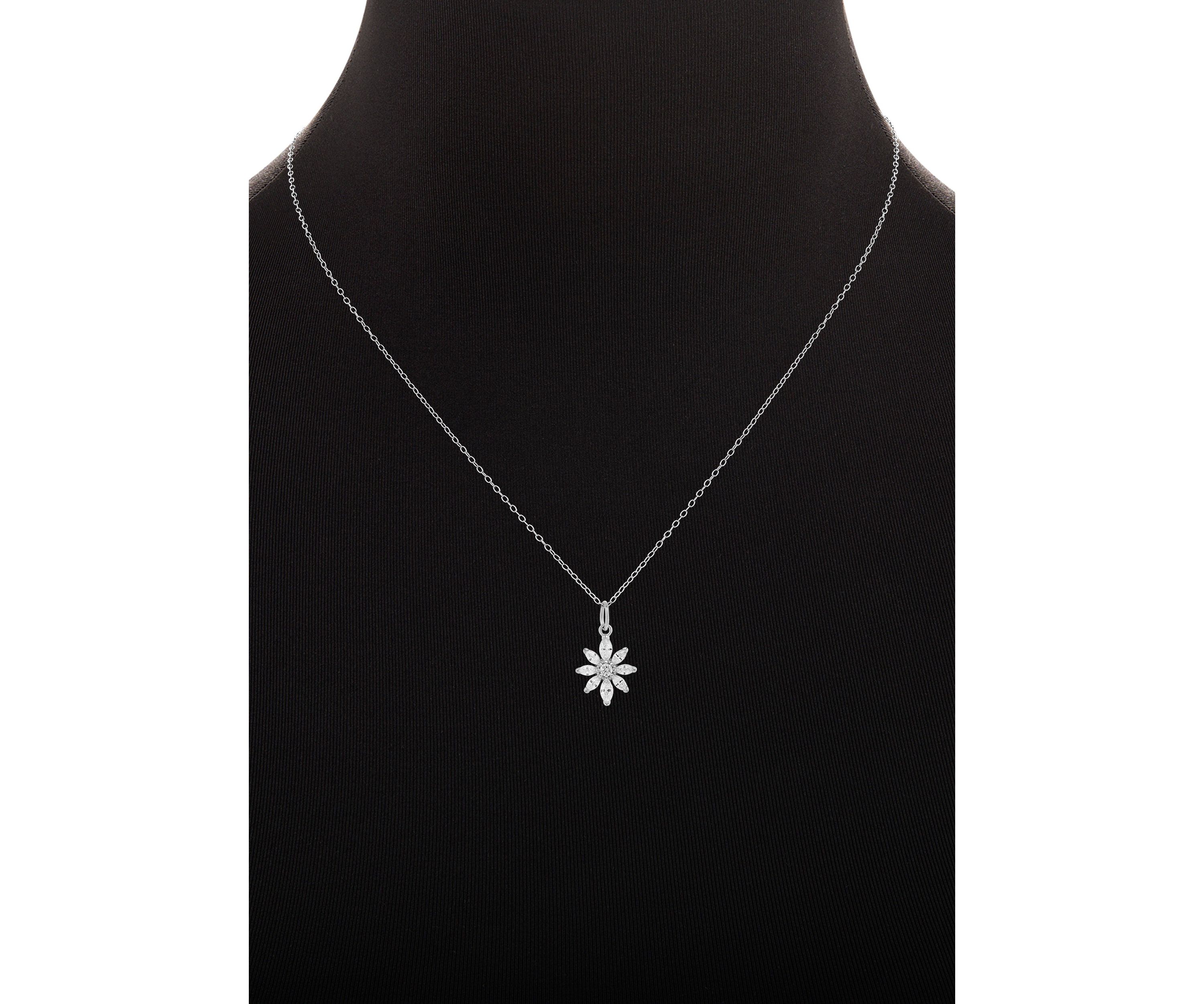 Sterling Silver Round Marquise Cubic Zirconia Flower Pendant Necklace
