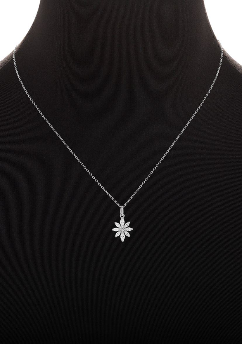 Sterling Silver Round Marquise Cubic Zirconia Flower Pendant Necklace