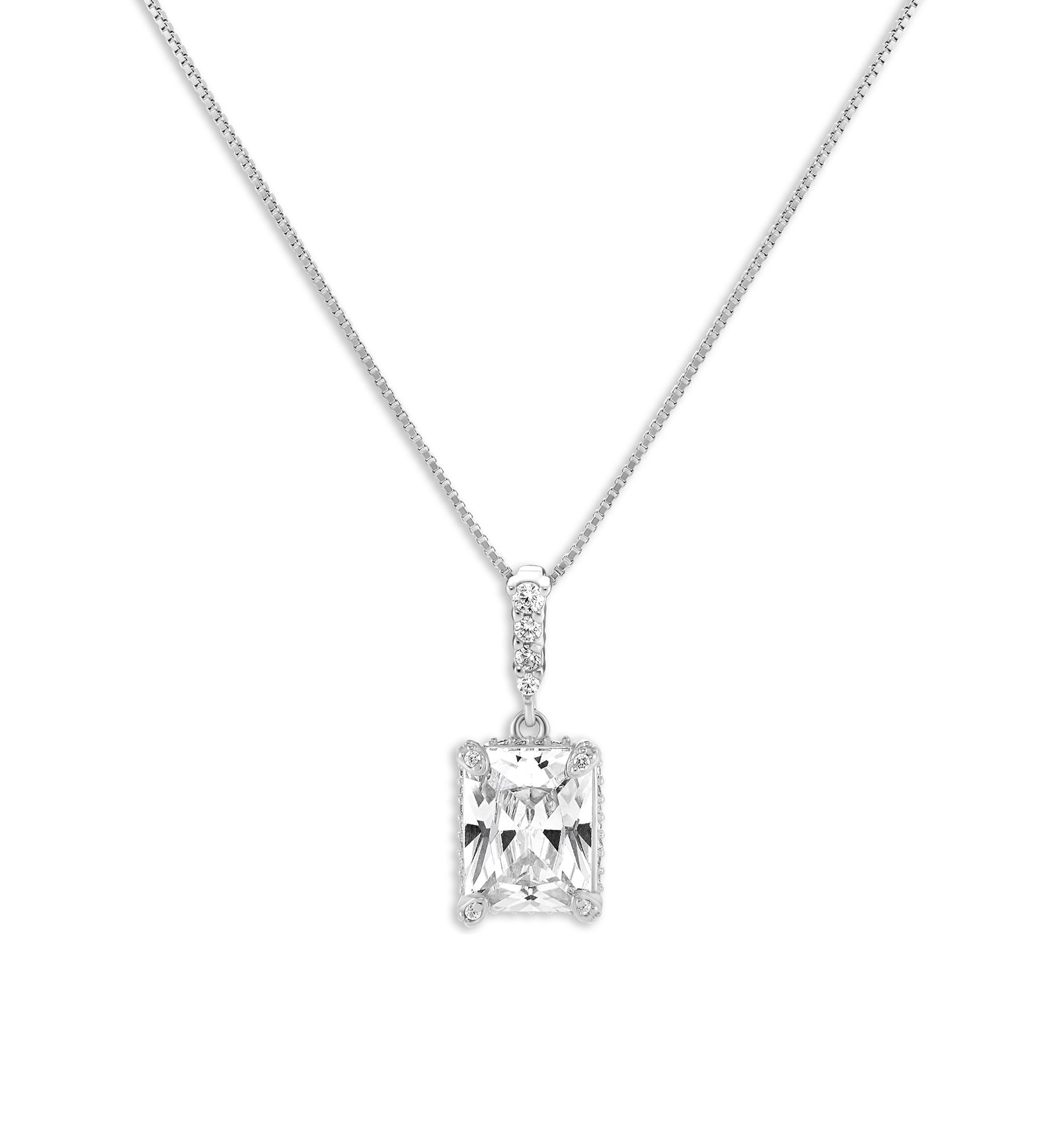 Sterling Silver Cubic Zirconia Emerald Shape Pendant Necklace