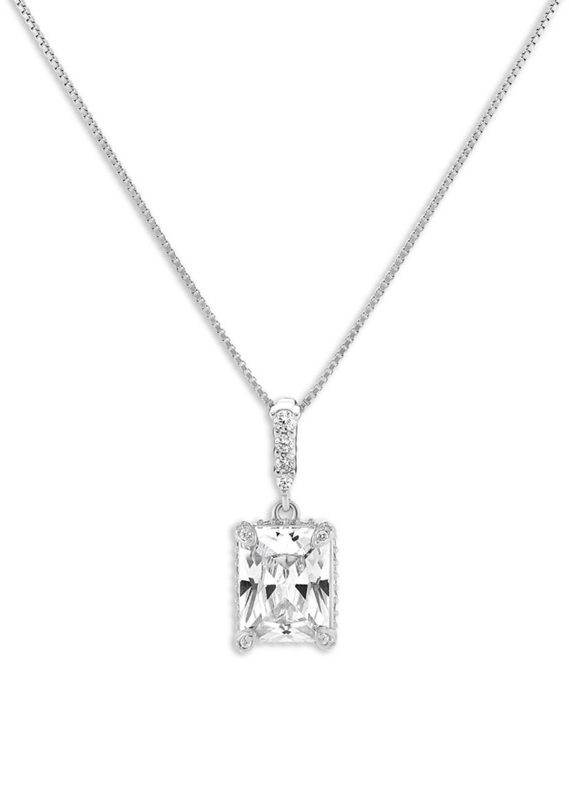 Sterling Silver Cubic Zirconia Emerald Shape Pendant Necklace