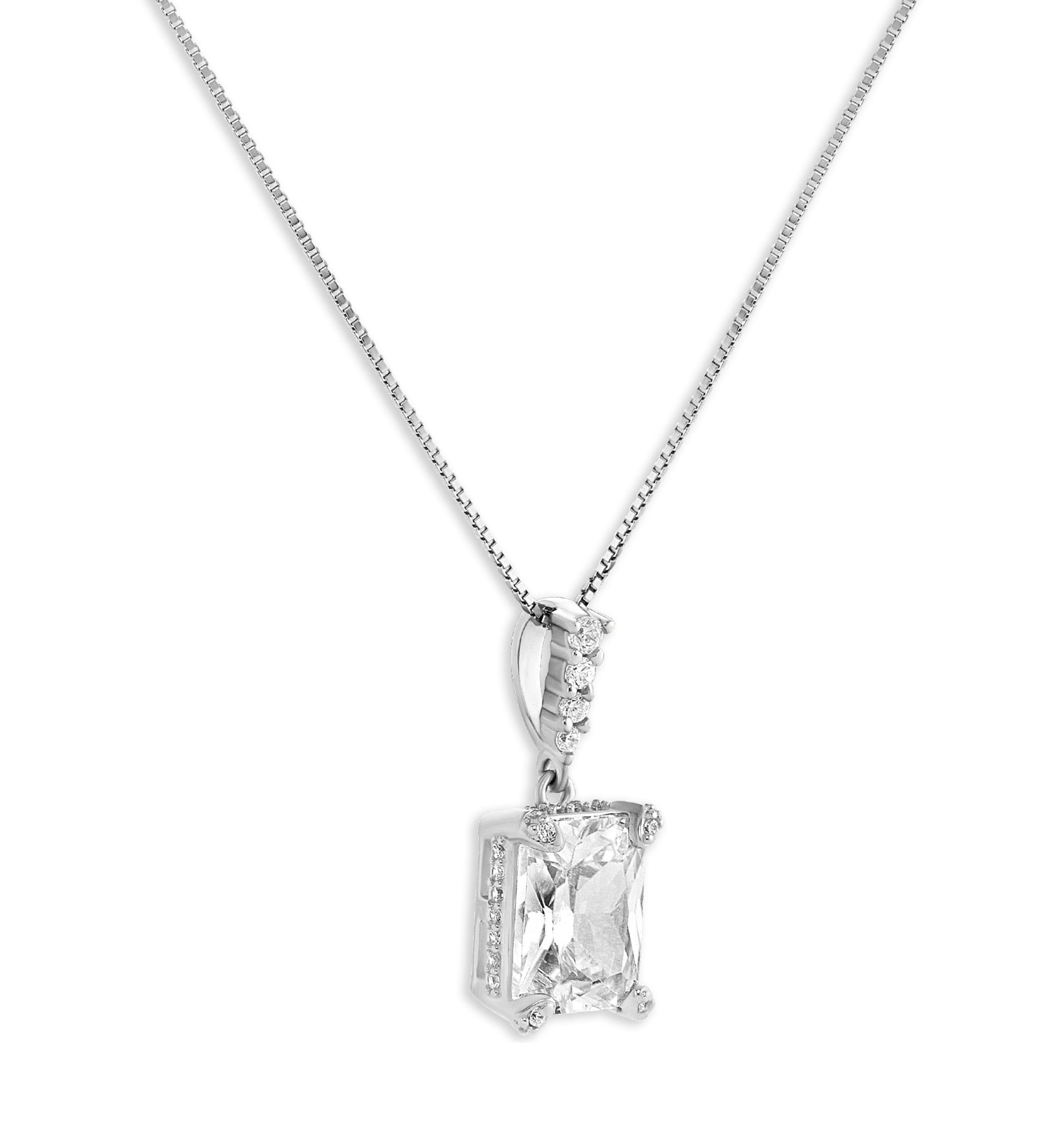 Sterling Silver Cubic Zirconia Emerald Shape Pendant Necklace