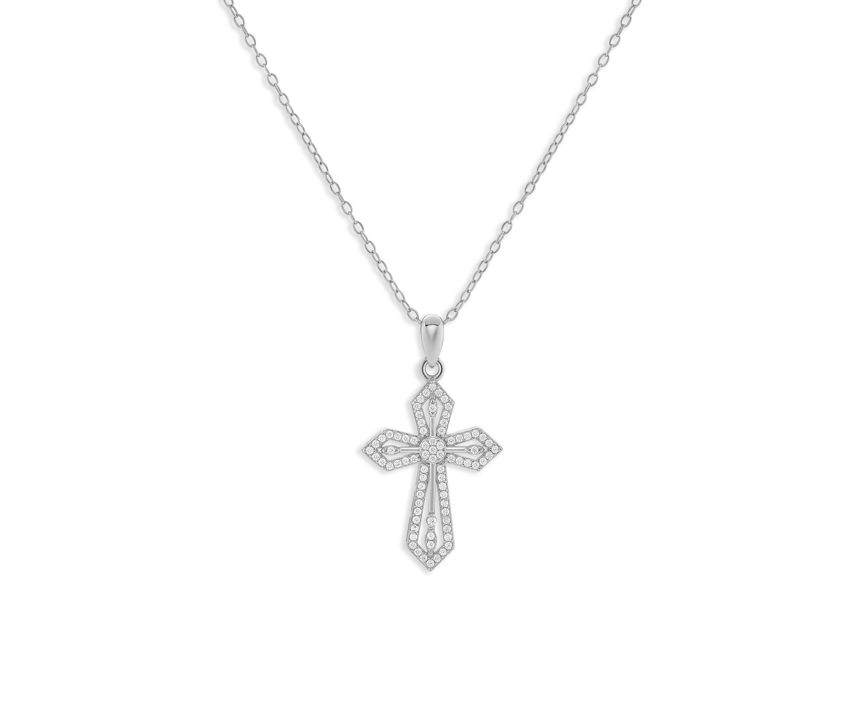 Sterling Silver Cubic Zirconia Textured Cross Pendant Necklace