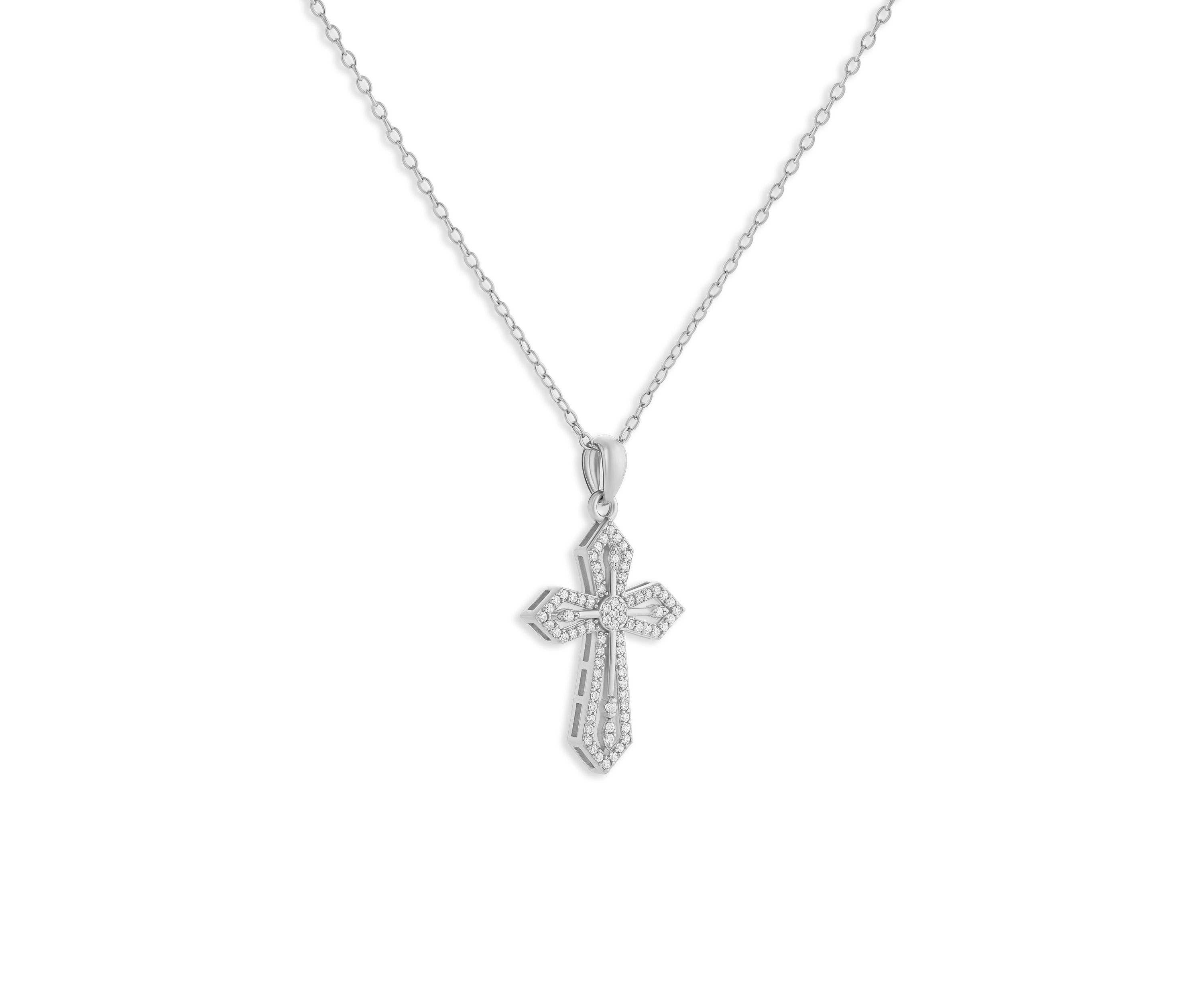 Sterling Silver Cubic Zirconia Textured Cross Pendant Necklace
