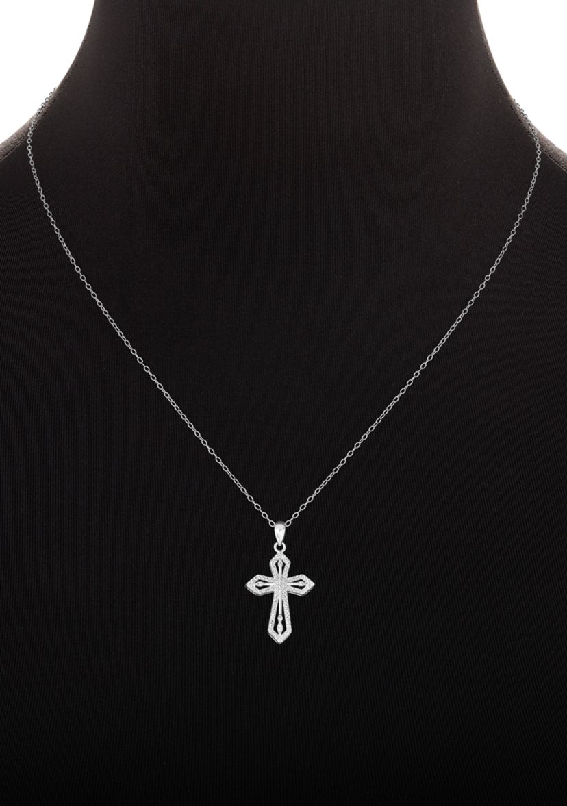 Sterling Silver Cubic Zirconia Textured Cross Pendant Necklace