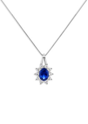Belk Sterling Silver Sterling Silver Cubic Zirconia Blue Nano Oval Flower Pendant Necklace, 18 in