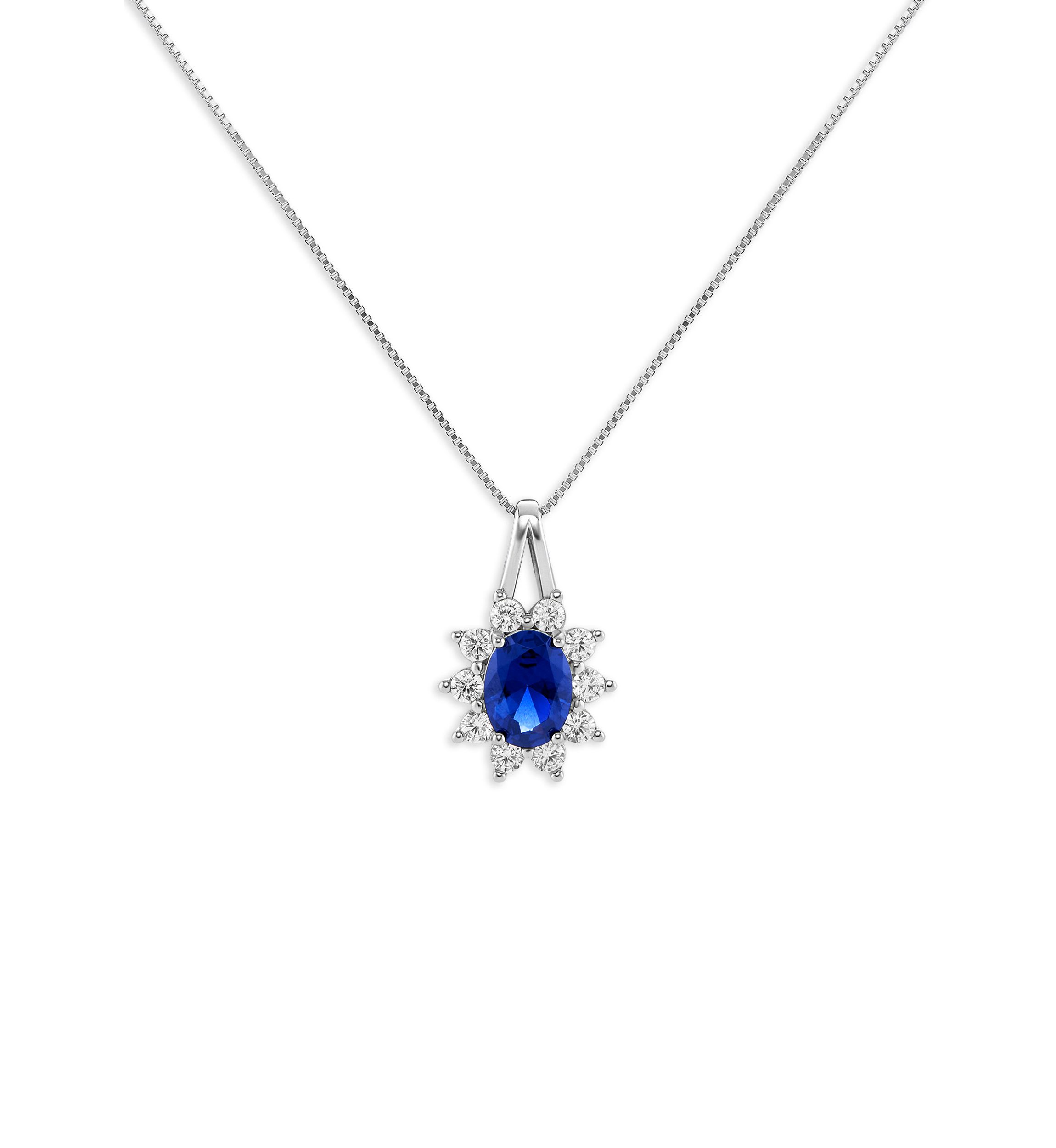 Sterling Silver Cubic Zirconia Blue Nano Oval Flower Pendant Necklace