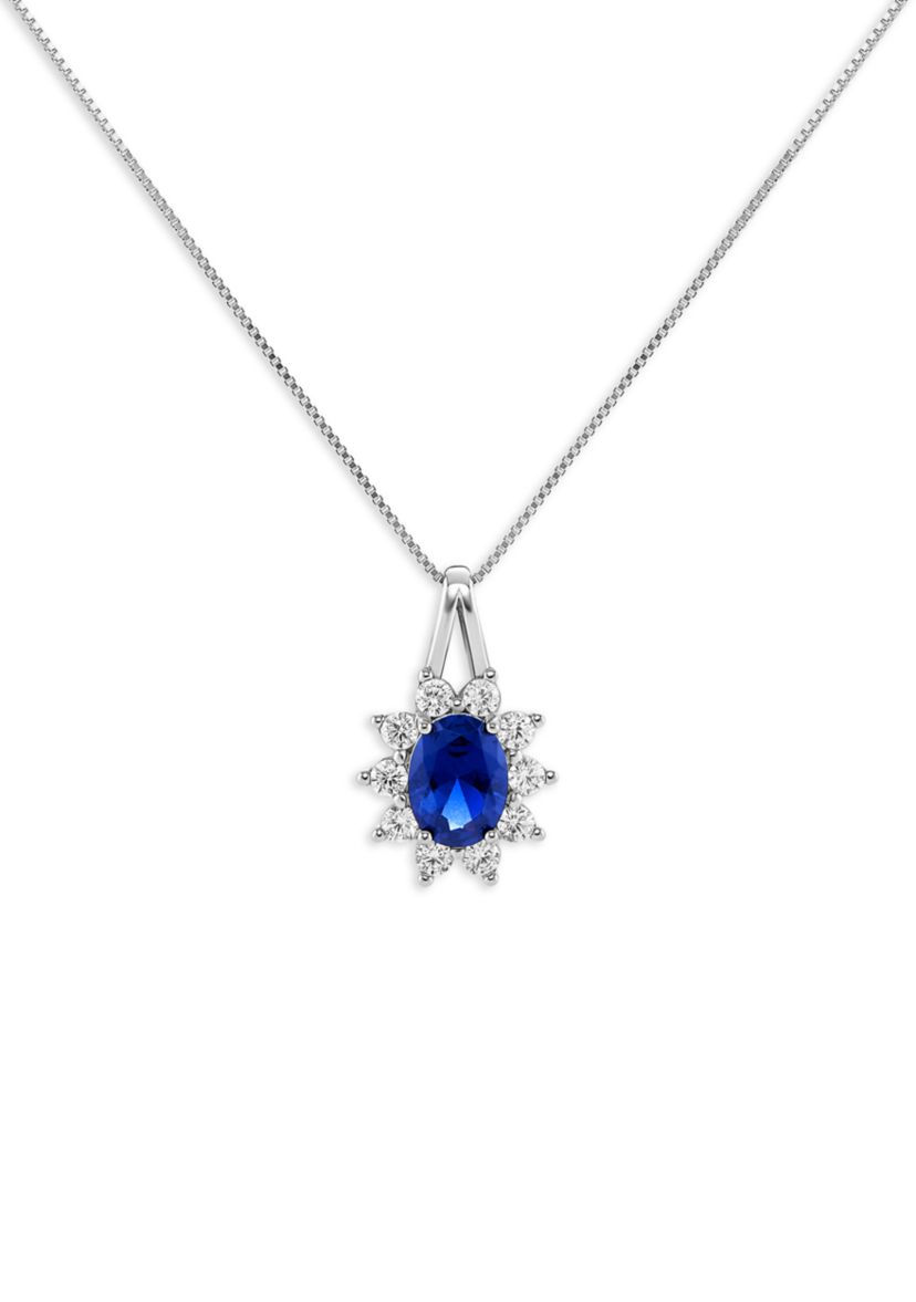 Sterling Silver Cubic Zirconia Blue Nano Oval Flower Pendant Necklace