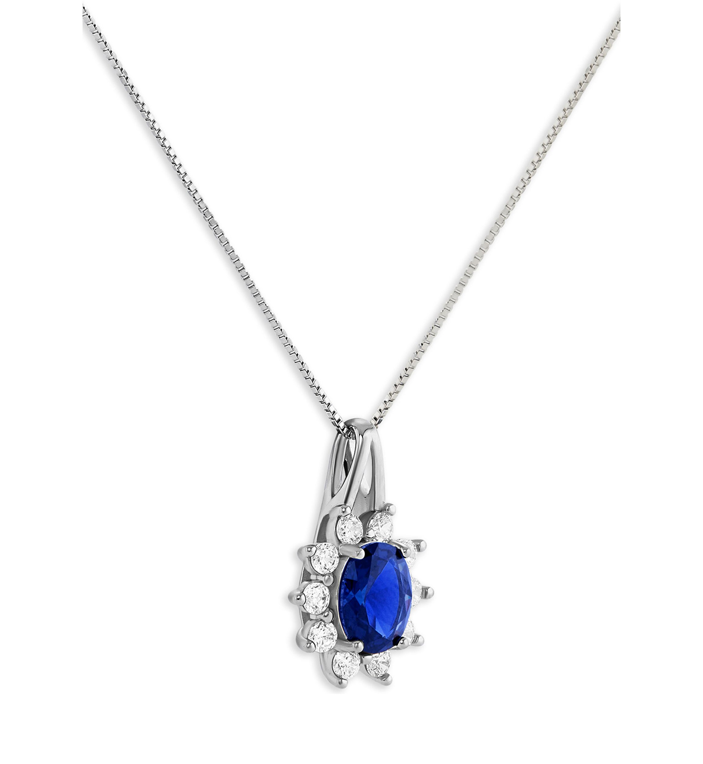 Sterling Silver Cubic Zirconia Blue Nano Oval Flower Pendant Necklace