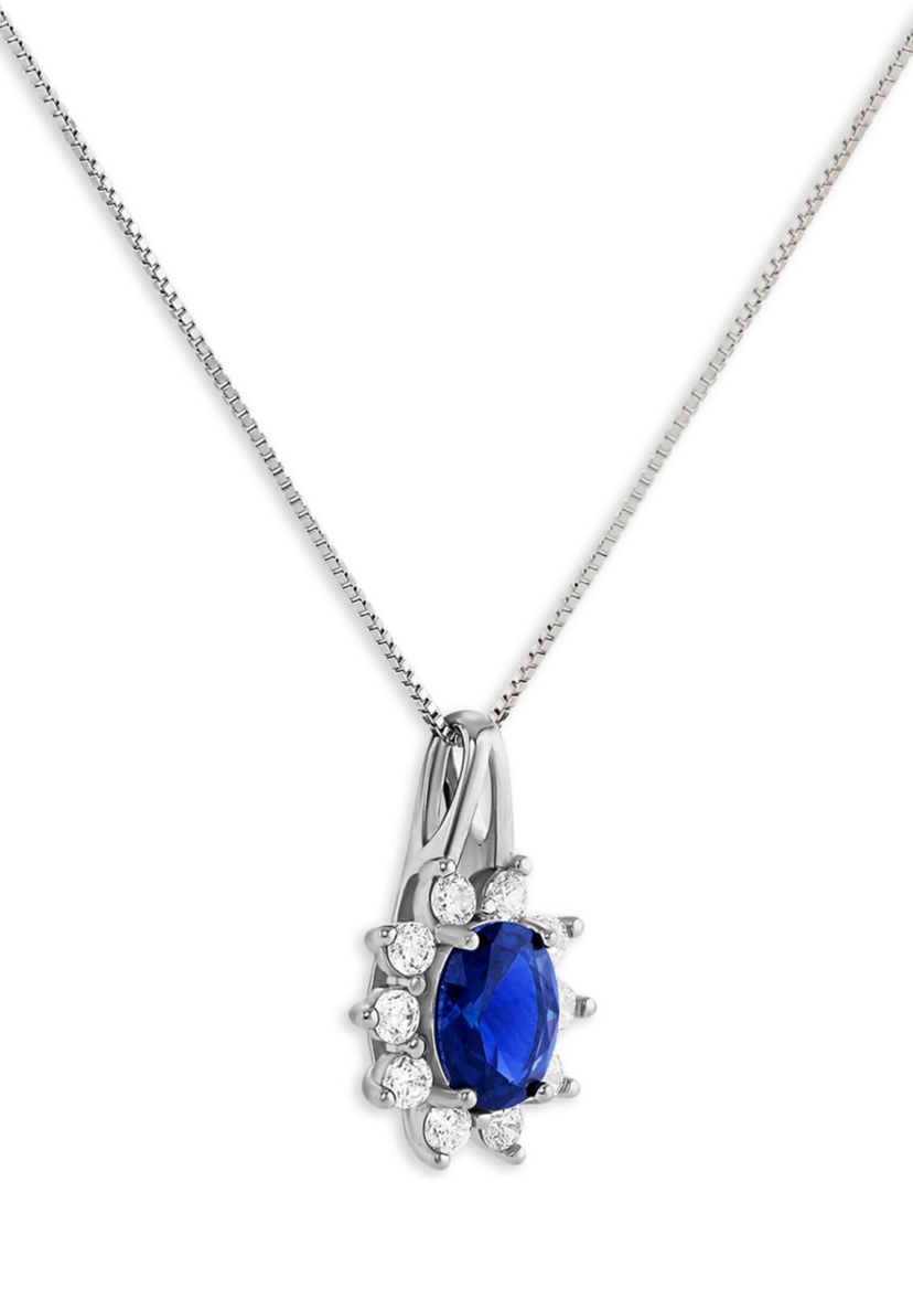 Sterling Silver Cubic Zirconia Blue Nano Oval Flower Pendant Necklace