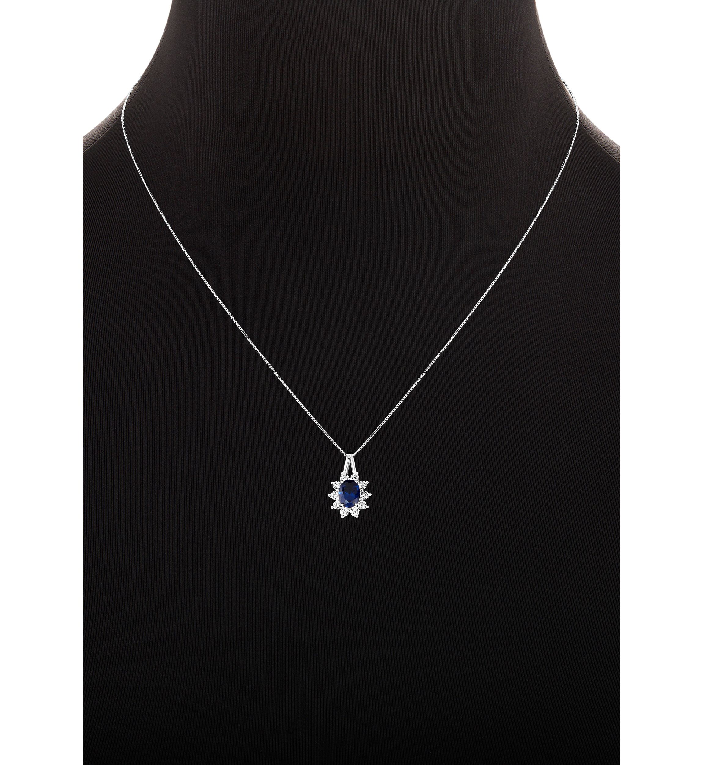 Sterling Silver Cubic Zirconia Blue Nano Oval Flower Pendant Necklace