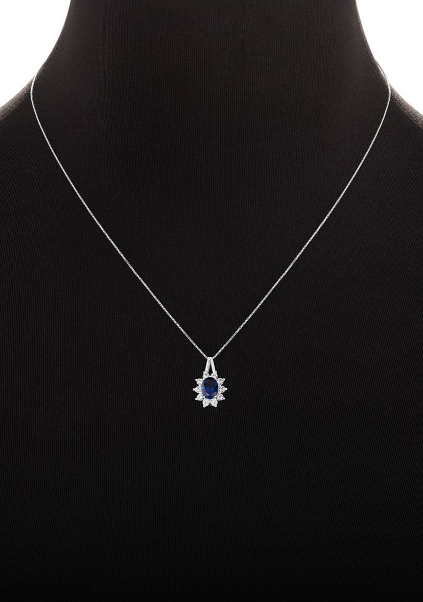 Sterling Silver Cubic Zirconia Blue Nano Oval Flower Pendant Necklace