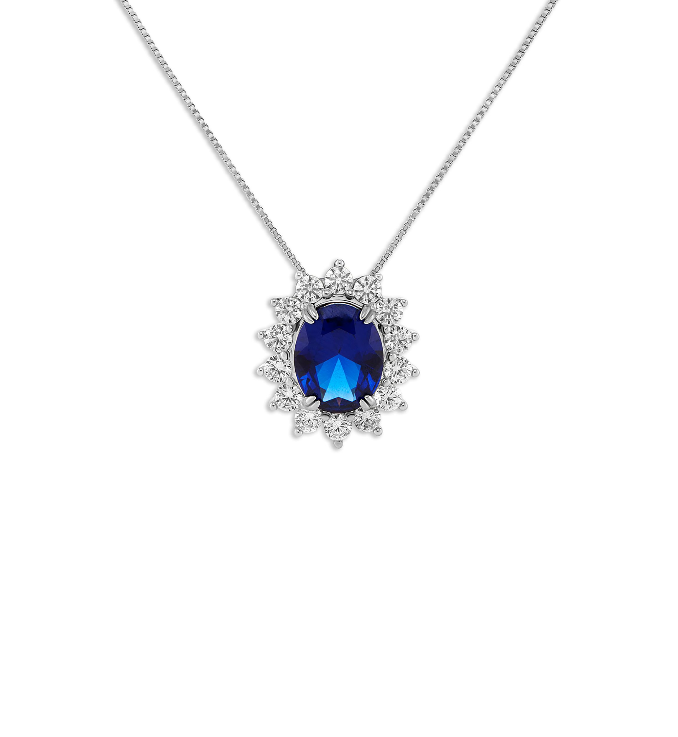 Sterling Silver Oval Center Cubic Zirconia Flower Pendant Necklace