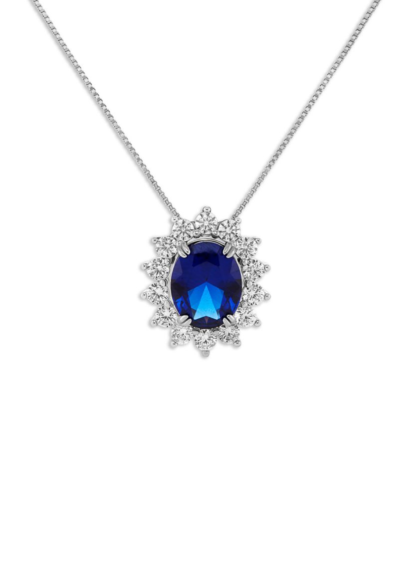 Sterling Silver Oval Center Cubic Zirconia Flower Pendant Necklace