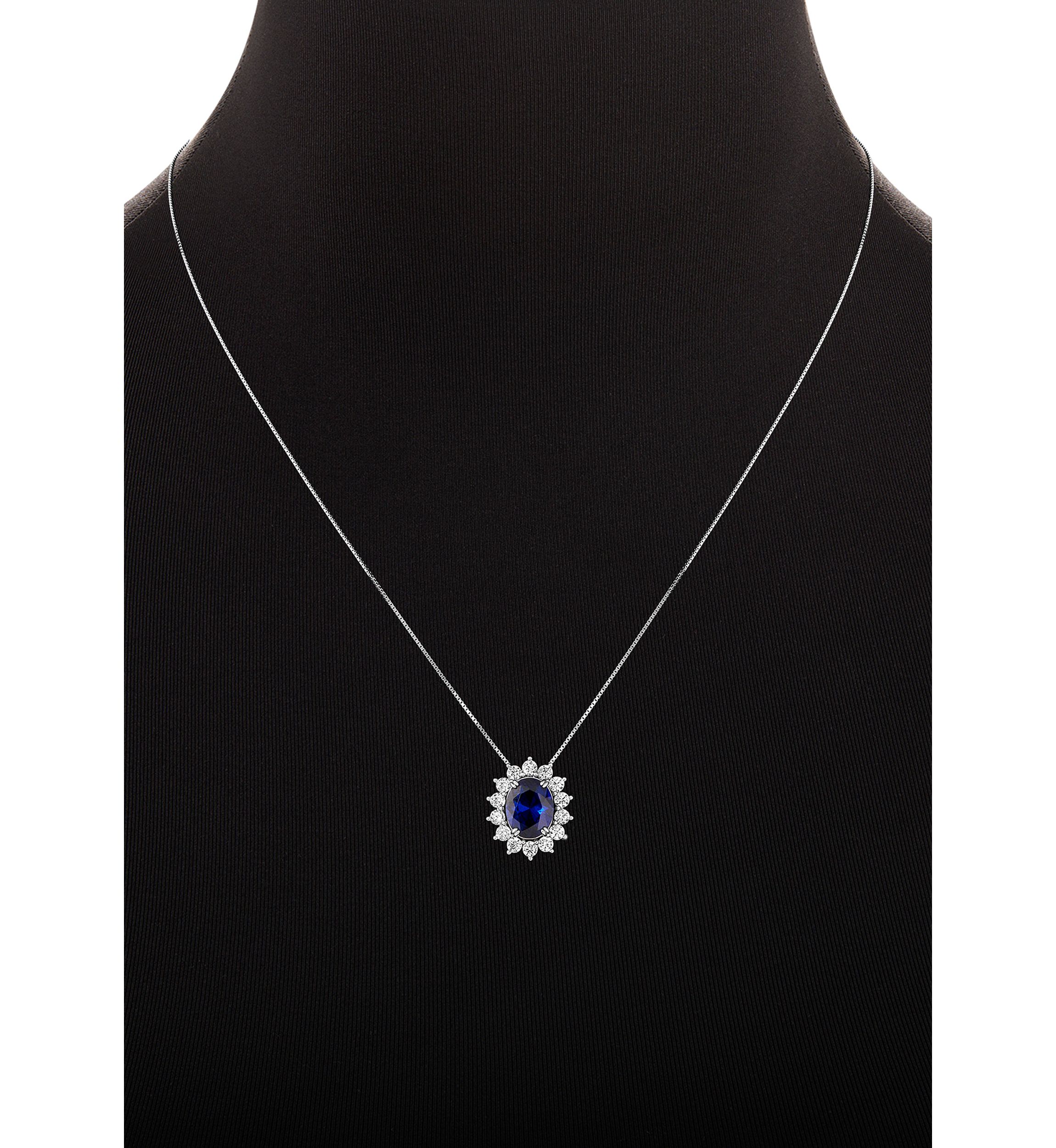Sterling Silver Oval Center Cubic Zirconia Flower Pendant Necklace