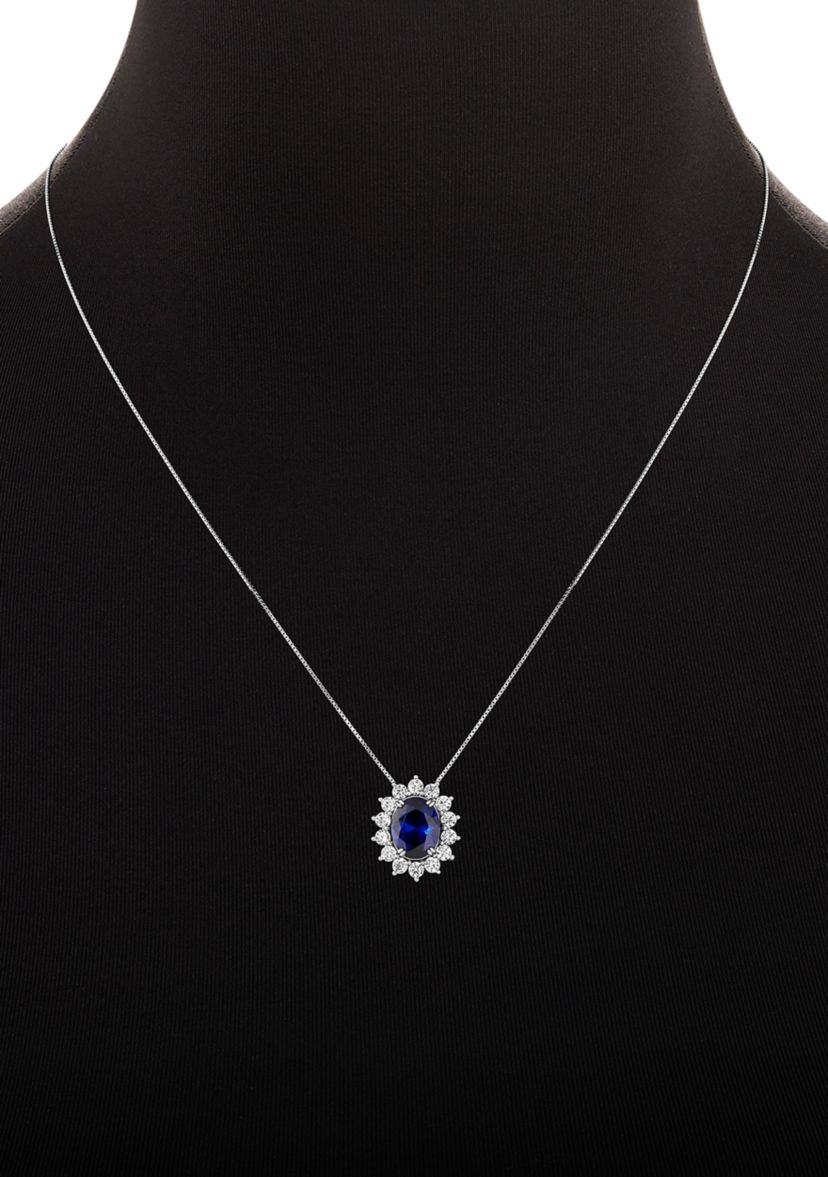 Sterling Silver Oval Center Cubic Zirconia Flower Pendant Necklace