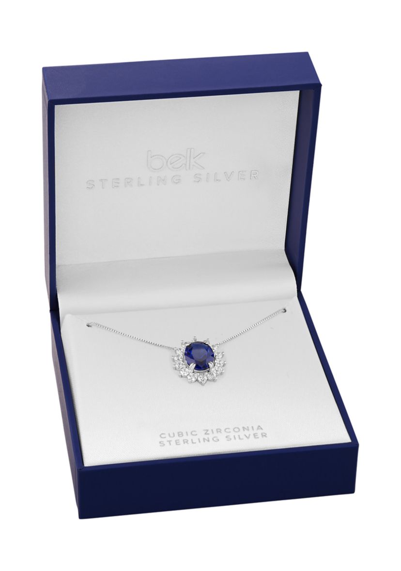 Sterling Silver Oval Center Cubic Zirconia Flower Pendant Necklace