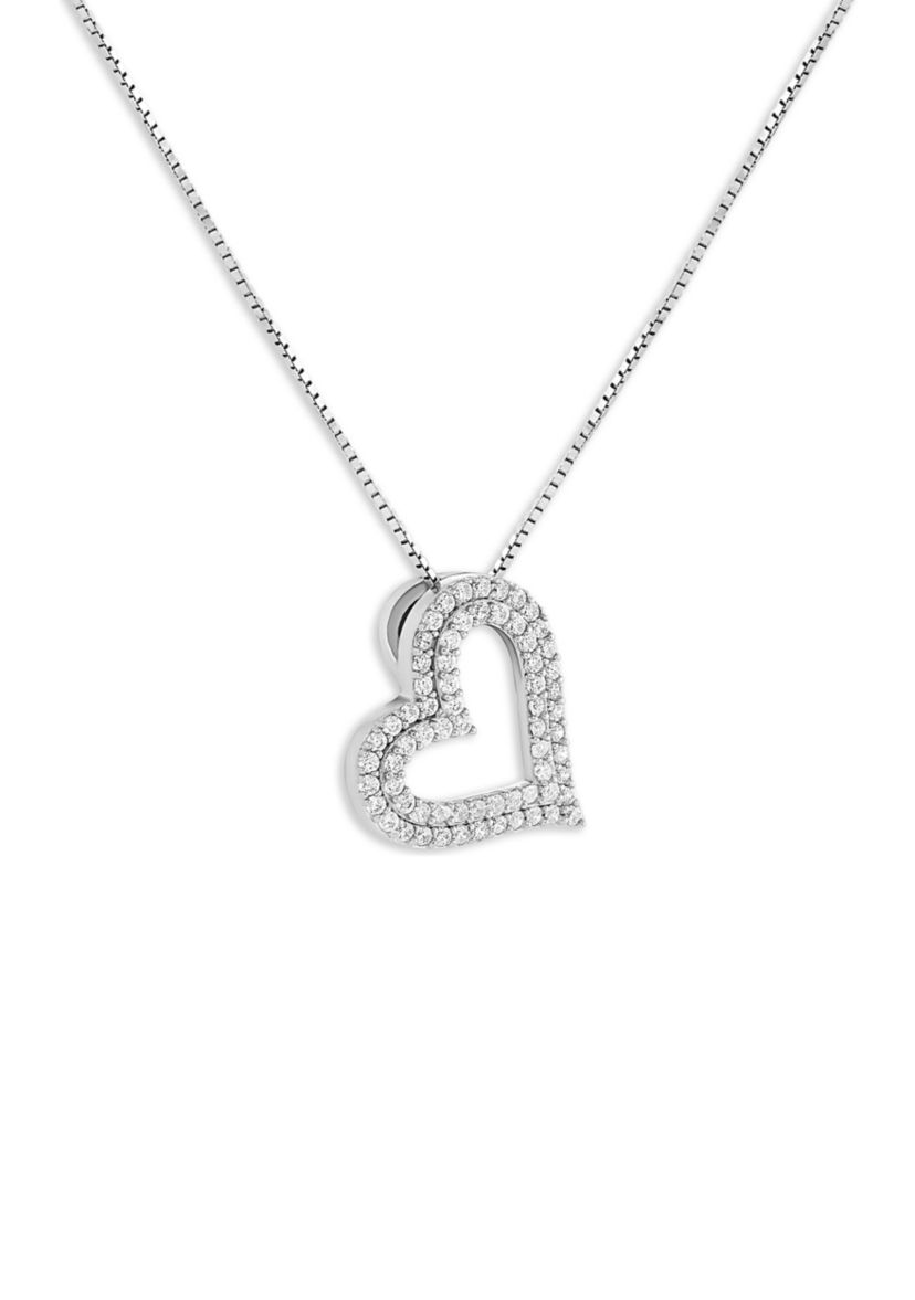 Sterling Silver Pavé Cubic Zirconia Open Heart Pendant Necklace