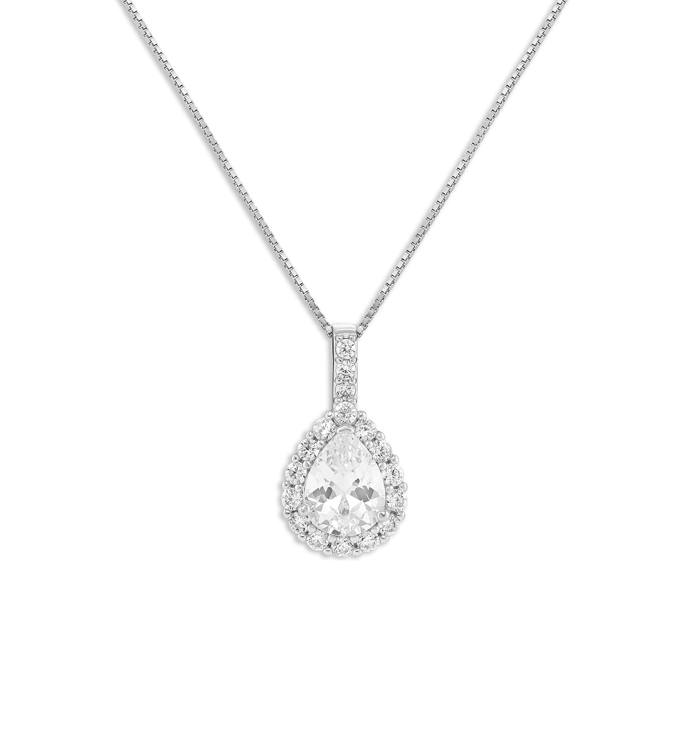 Sterling Silver Pavé Cubic Zirconia Teardrop Pendant Necklace
