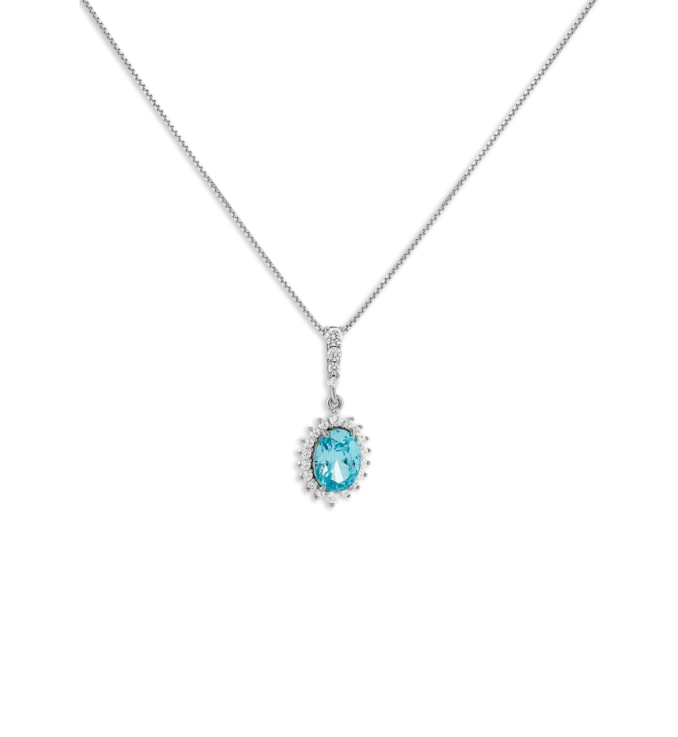 Sterling Silver Cubic Zirconia Aqua Oval Flower Pendant Necklace