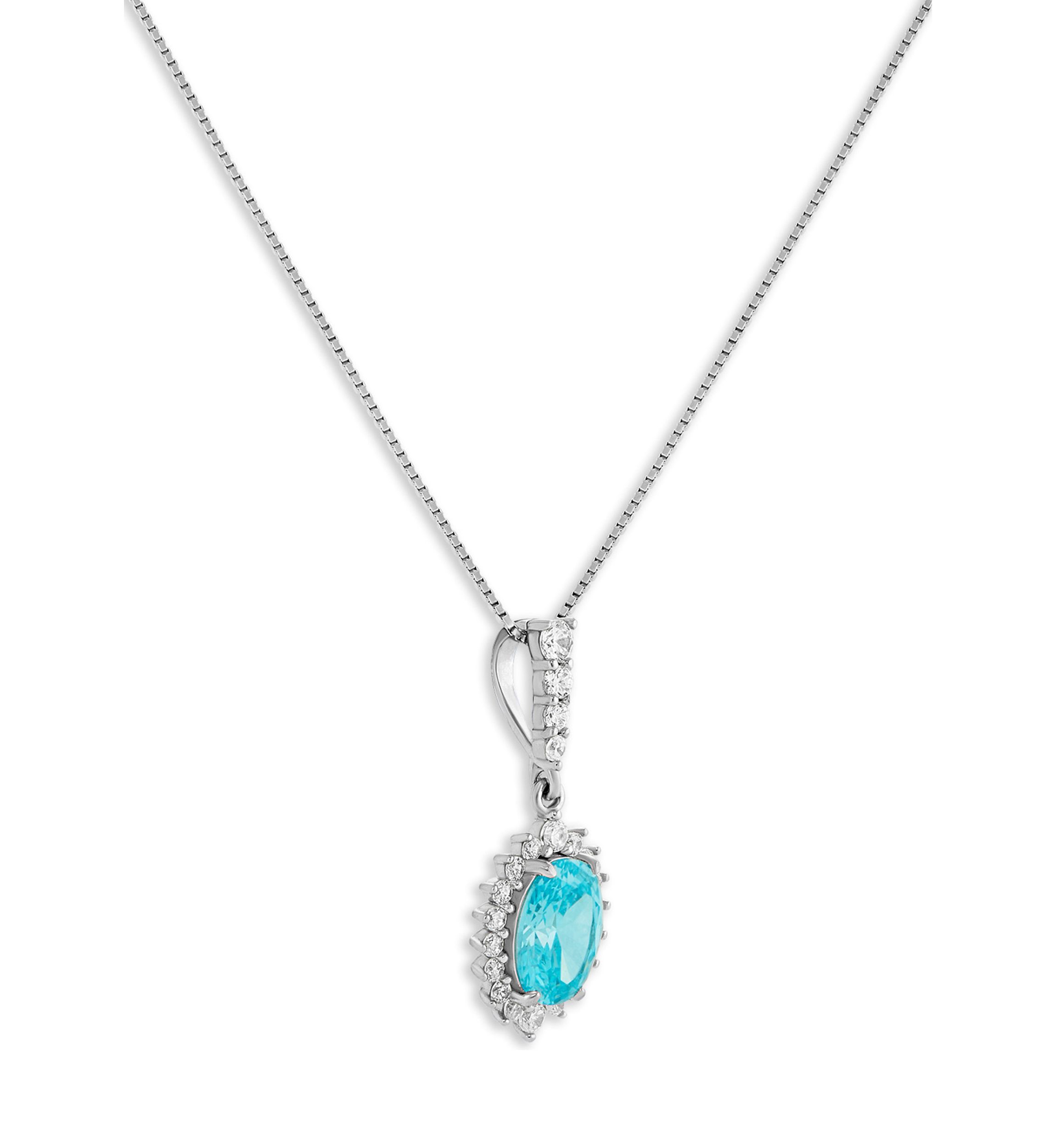 Sterling Silver Cubic Zirconia Aqua Oval Flower Pendant Necklace