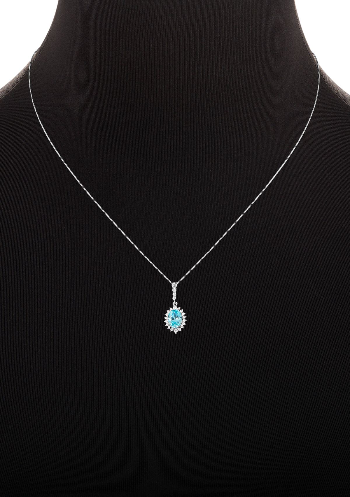 Sterling Silver Cubic Zirconia Aqua Oval Flower Pendant Necklace