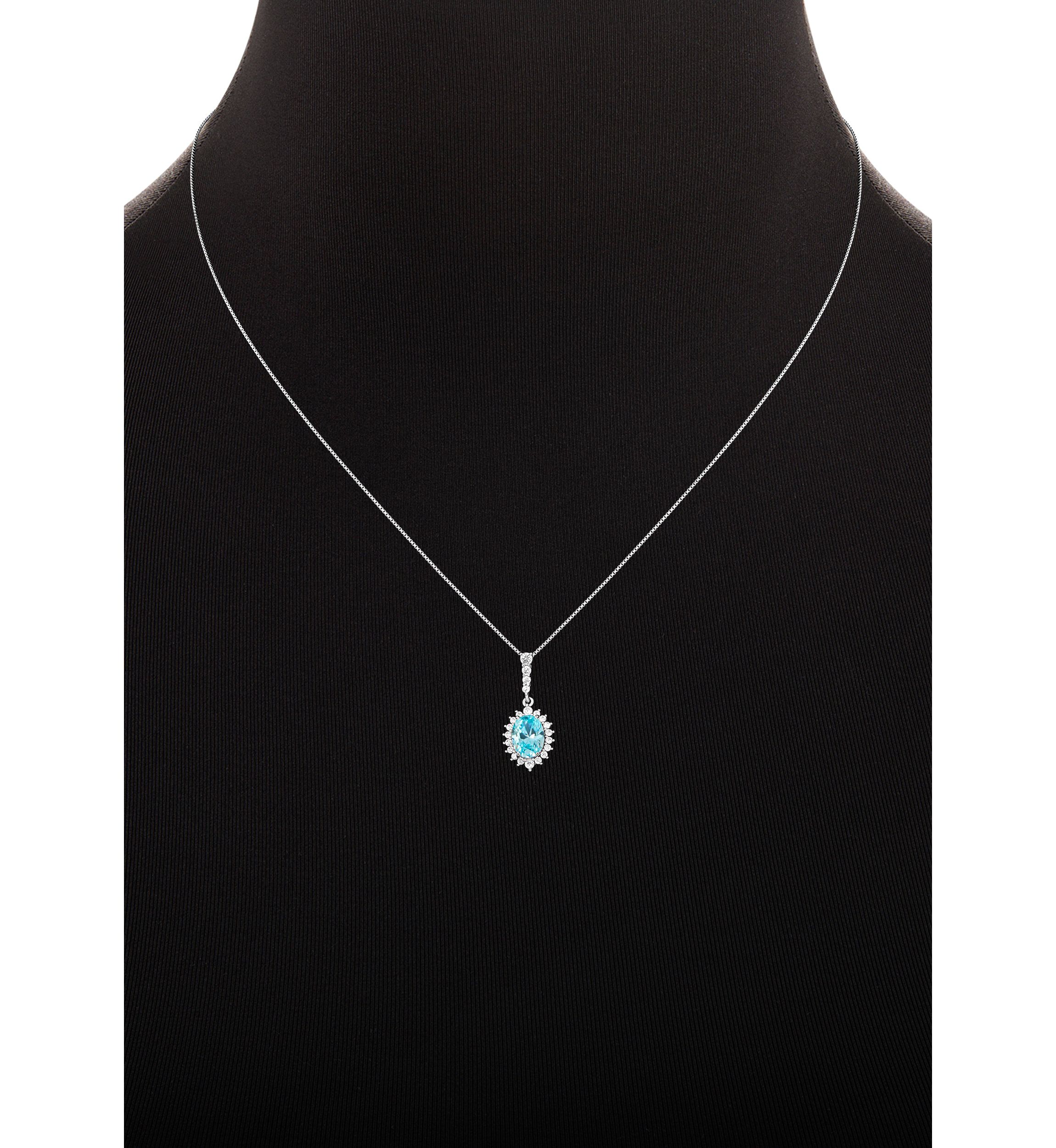 Sterling Silver Cubic Zirconia Aqua Oval Flower Pendant Necklace