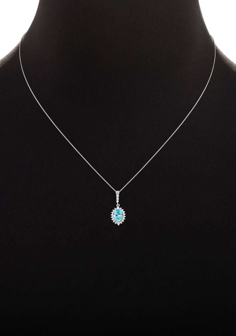 Sterling Silver Cubic Zirconia Aqua Oval Flower Pendant Necklace