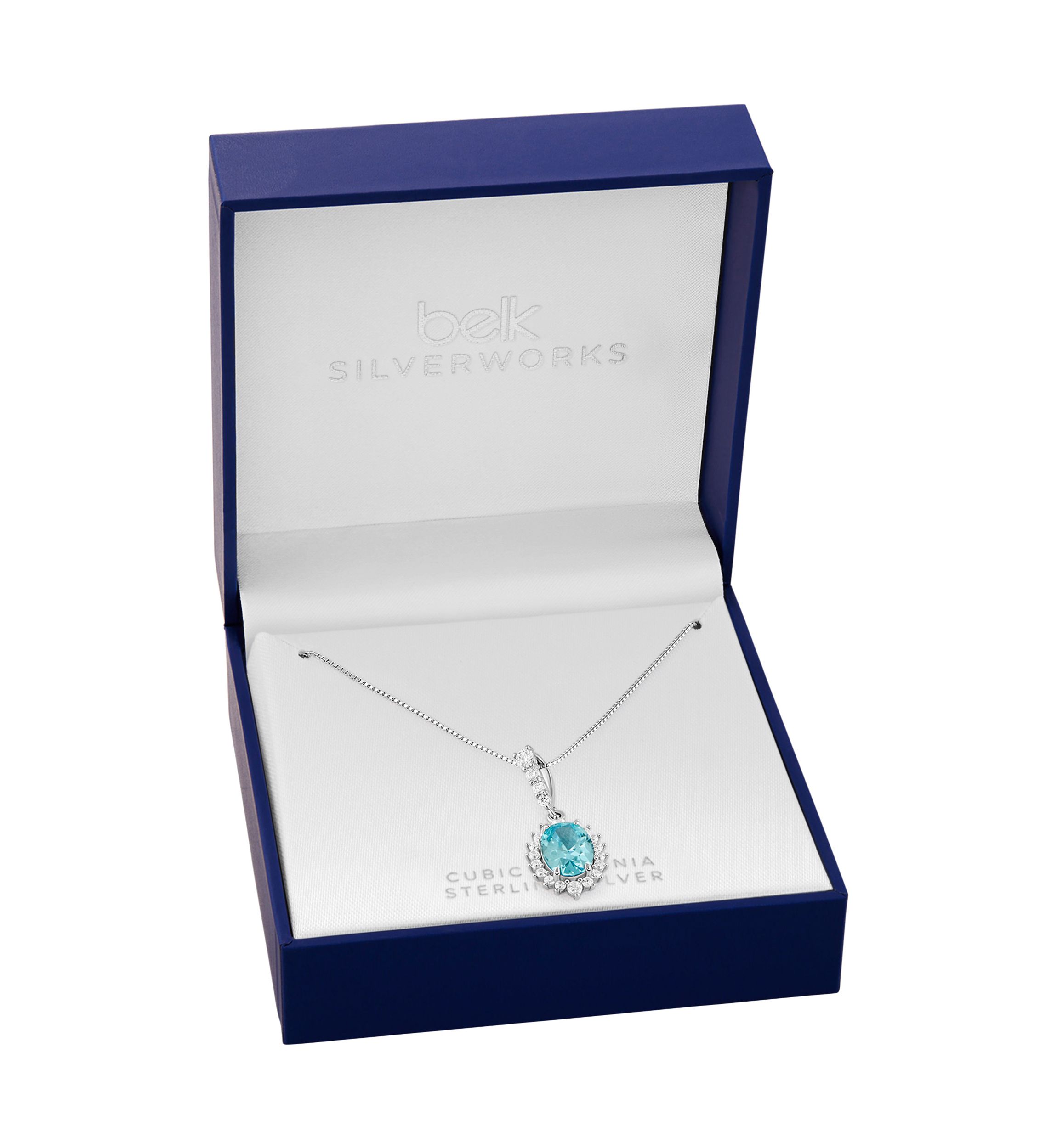 Sterling Silver Cubic Zirconia Aqua Oval Flower Pendant Necklace