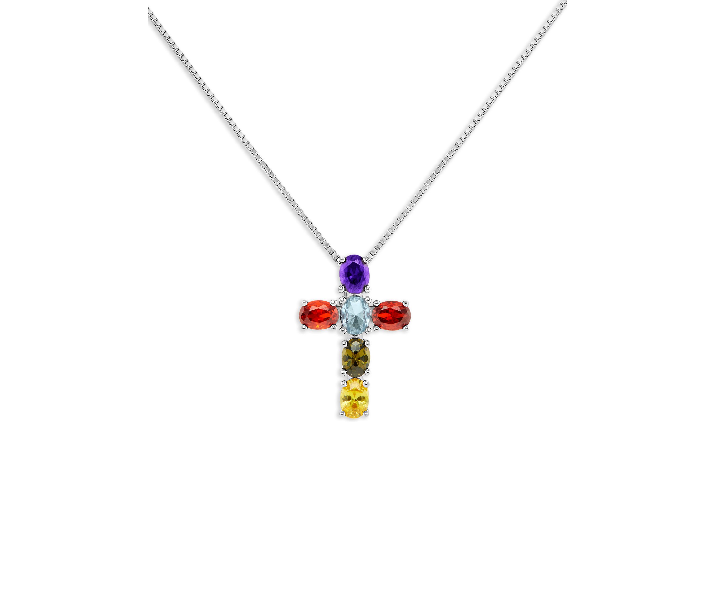Sterling Silver Multi Color Oval Cubic Zirconia Cross Pendant Necklace