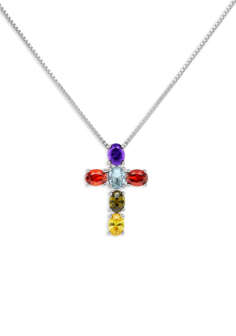 Sterling Silver Multi Color Oval Cubic Zirconia Cross Pendant Necklace
