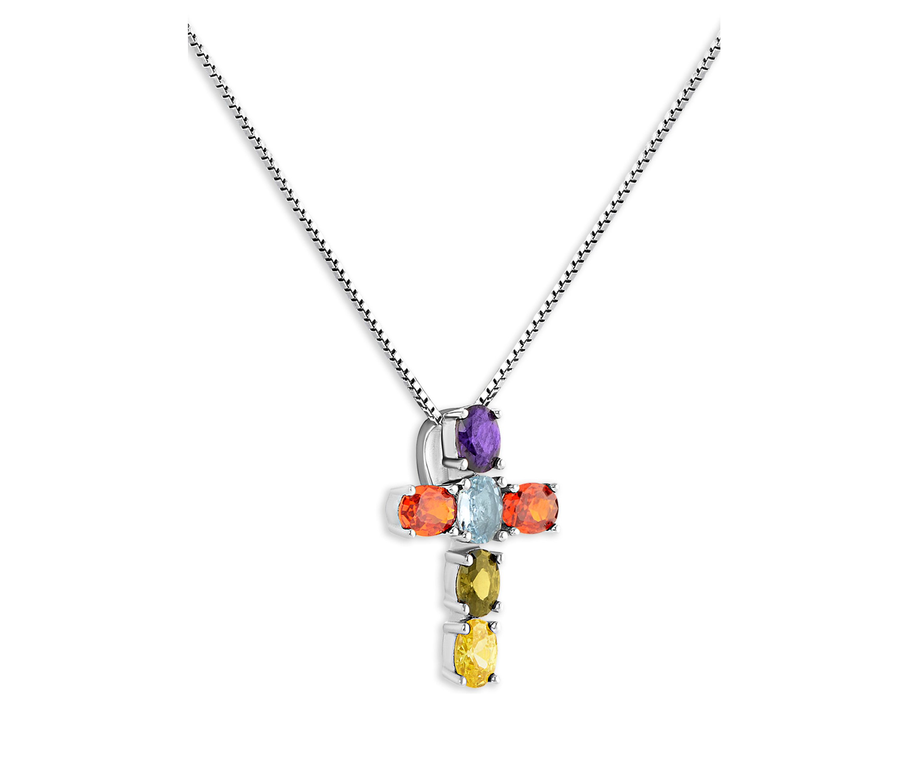 Sterling Silver Multi Color Oval Cubic Zirconia Cross Pendant Necklace