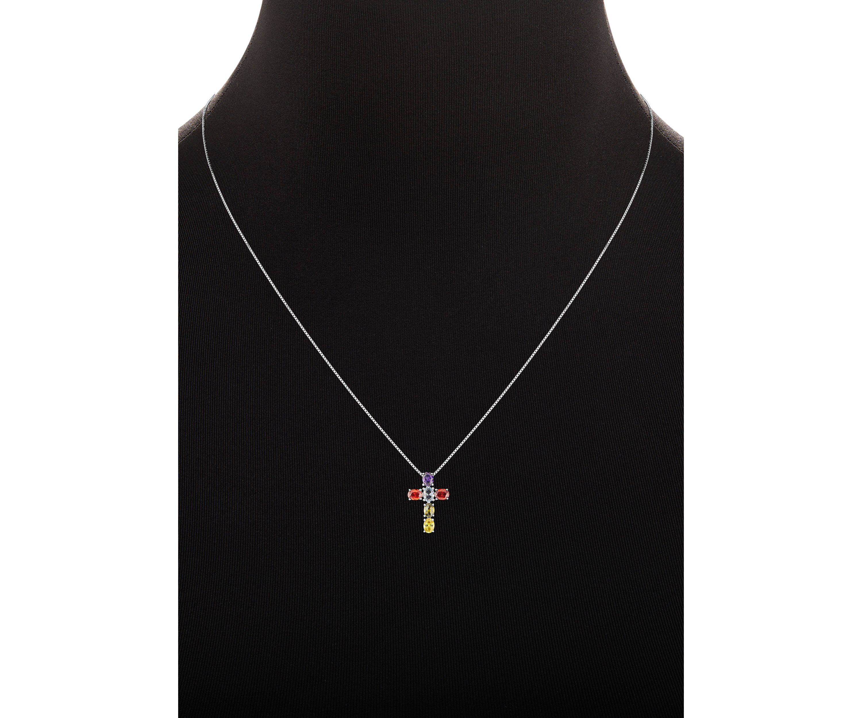 Sterling Silver Multi Color Oval Cubic Zirconia Cross Pendant Necklace