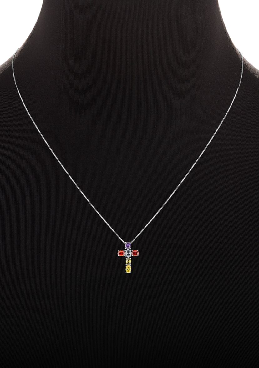 Sterling Silver Multi Color Oval Cubic Zirconia Cross Pendant Necklace