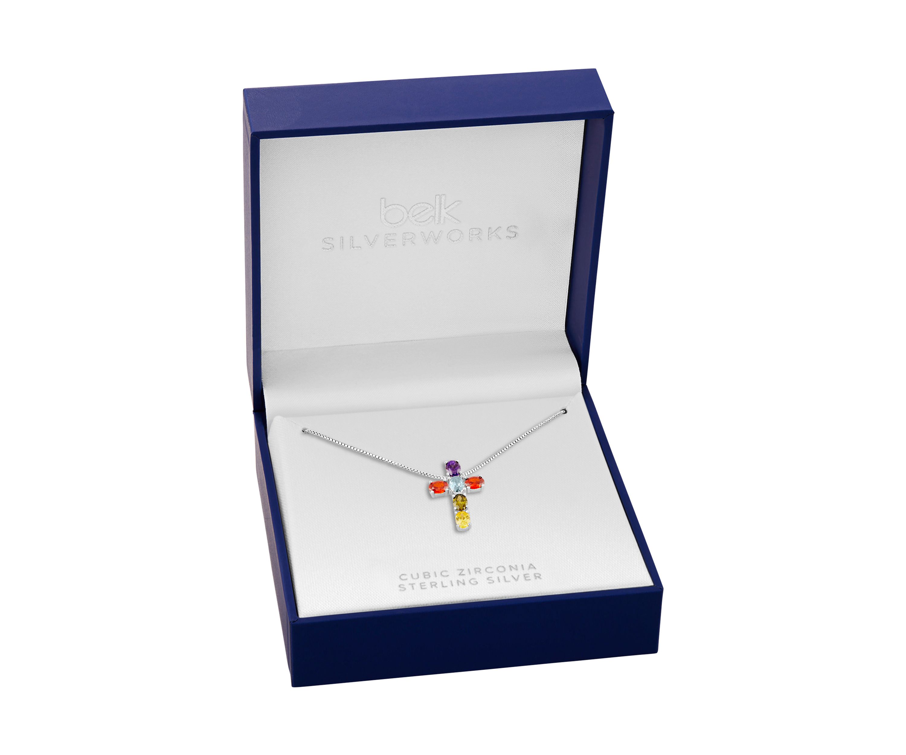 Sterling Silver Multi Color Oval Cubic Zirconia Cross Pendant Necklace