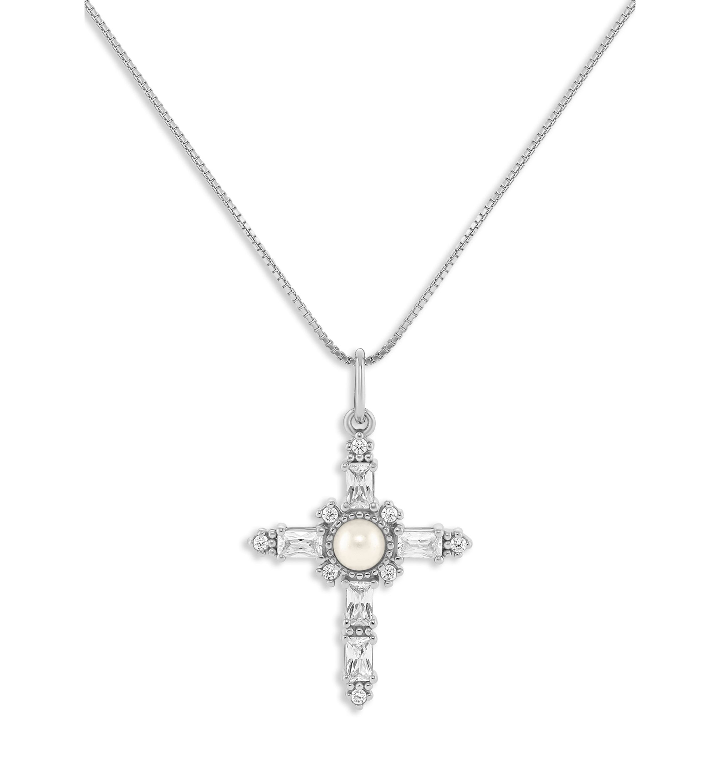 Sterling Silver Glass Pearl & Pave Cubic Zirconia Cross Box Chain Pendant Necklace