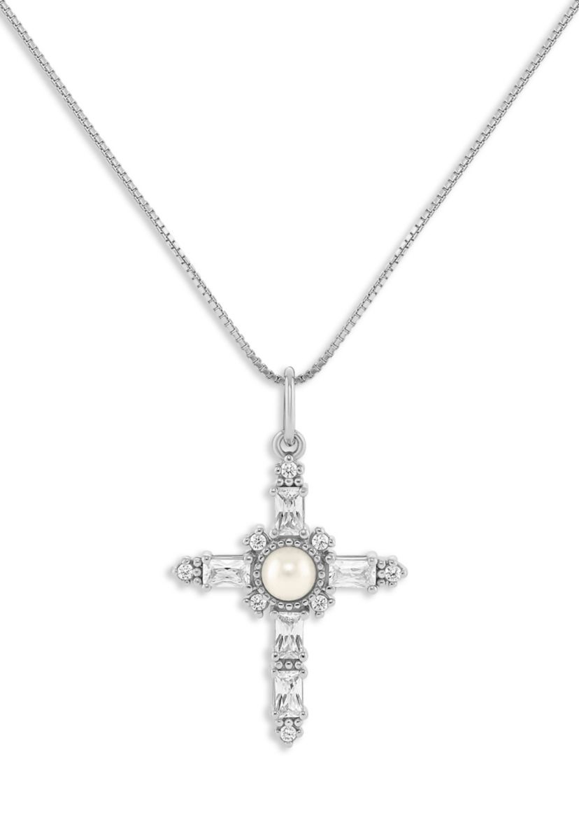 Sterling Silver Glass Pearl & Pave Cubic Zirconia Cross Box Chain Pendant Necklace