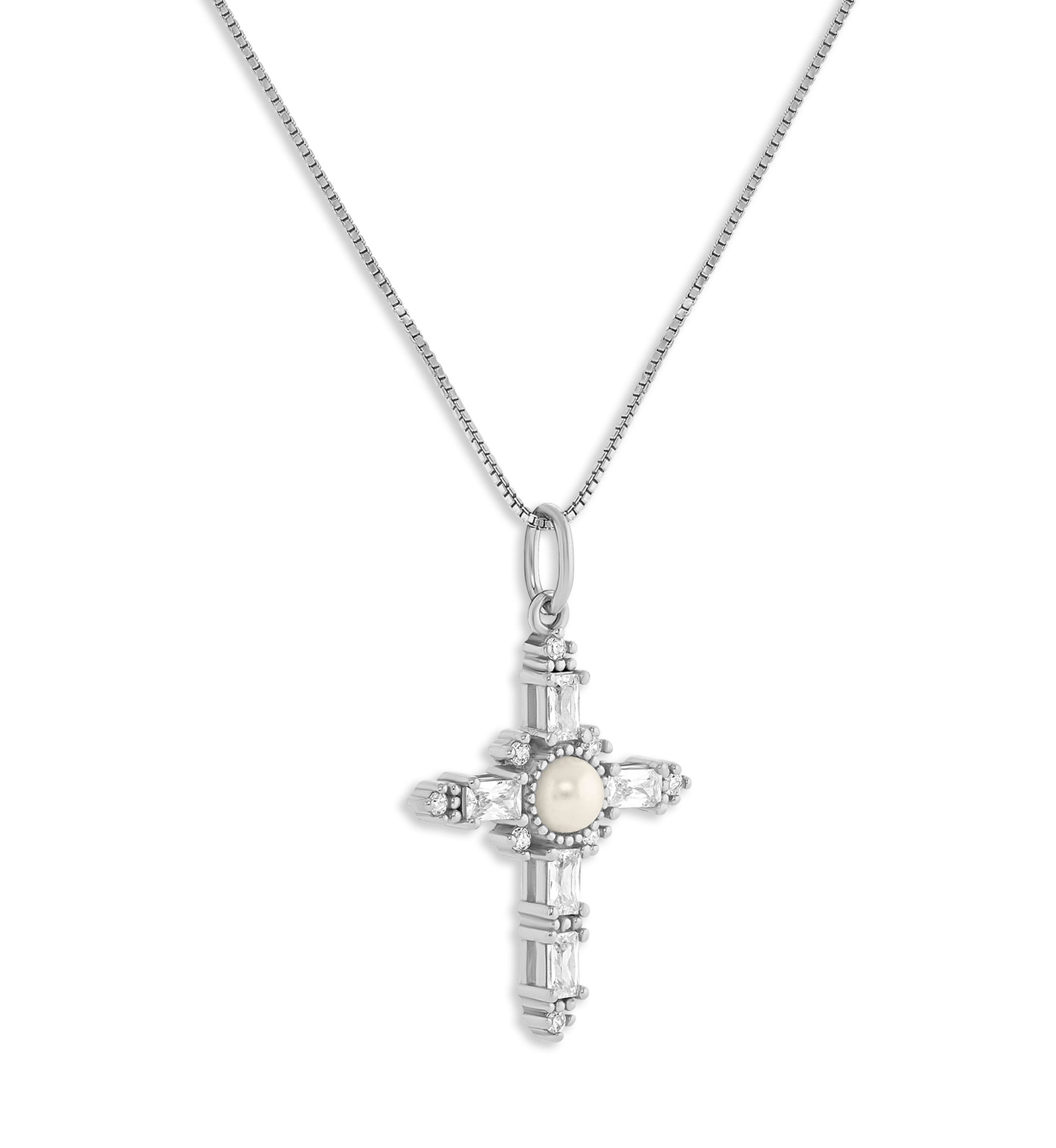 Sterling Silver Glass Pearl & Pave Cubic Zirconia Cross Box Chain Pendant Necklace