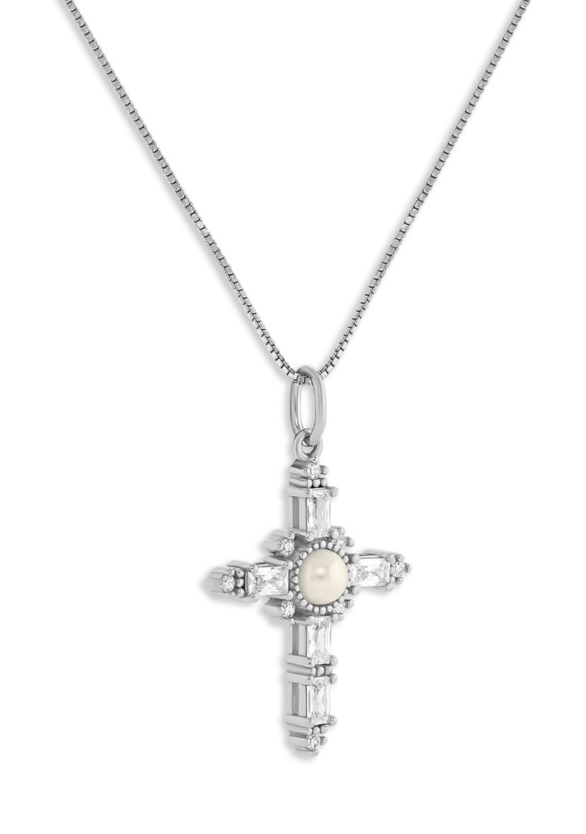 Sterling Silver Glass Pearl & Pave Cubic Zirconia Cross Box Chain Pendant Necklace