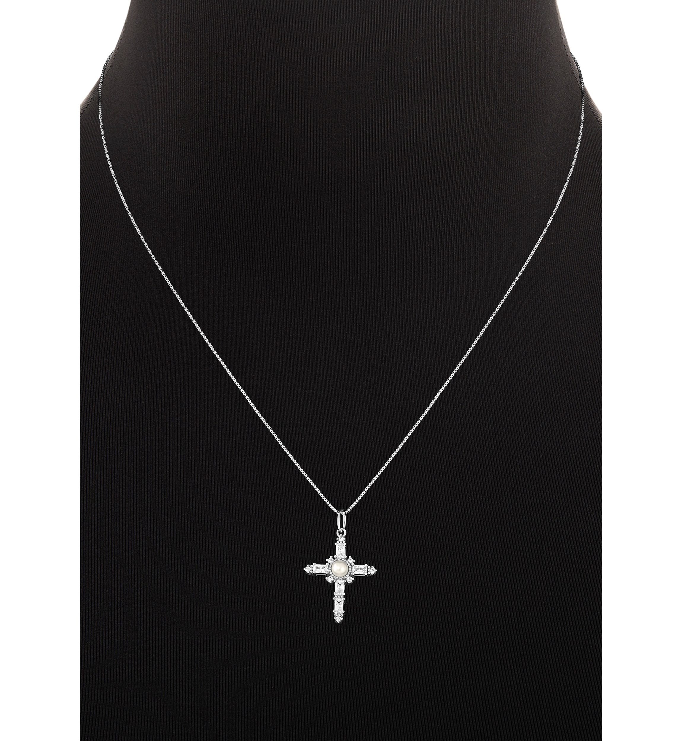 Sterling Silver Glass Pearl & Pave Cubic Zirconia Cross Box Chain Pendant Necklace