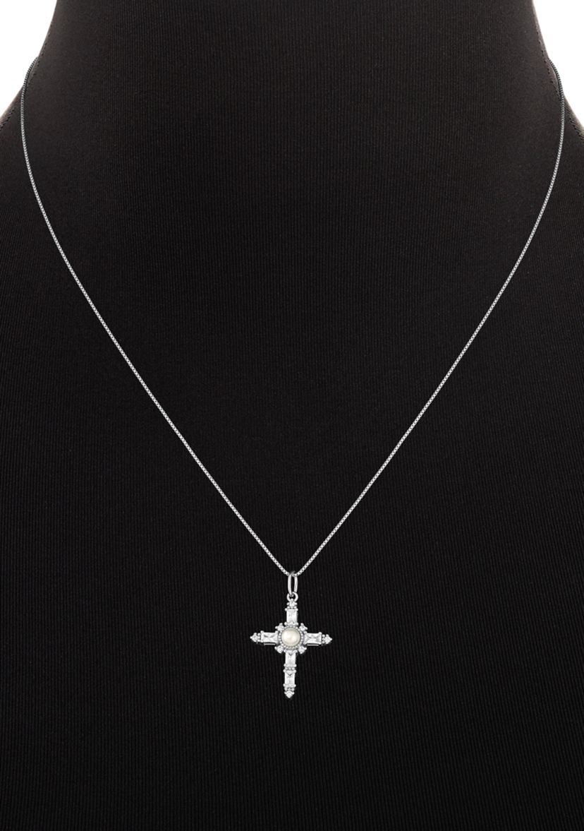 Sterling Silver Glass Pearl & Pave Cubic Zirconia Cross Box Chain Pendant Necklace