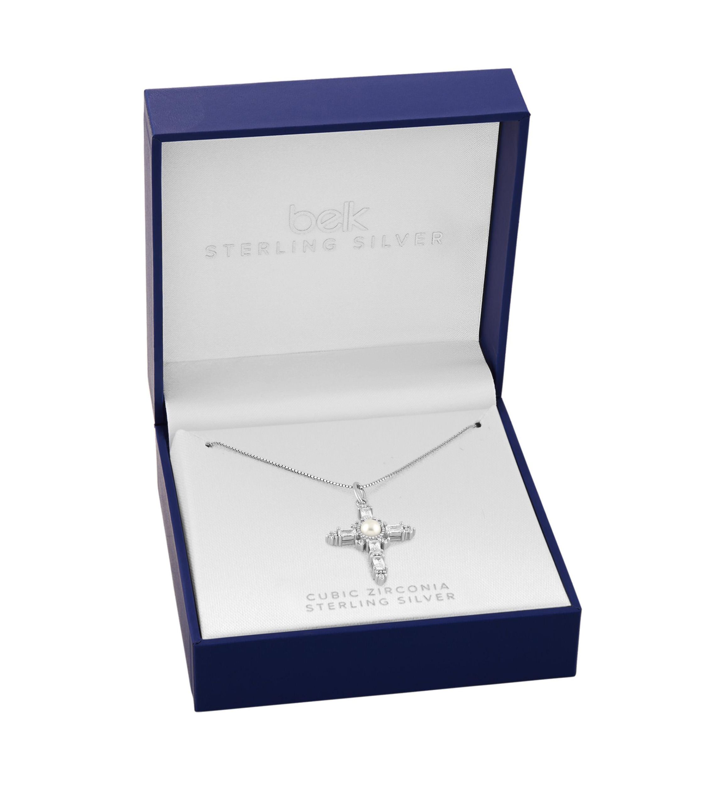Sterling Silver Glass Pearl & Pave Cubic Zirconia Cross Box Chain Pendant Necklace