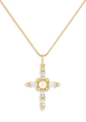 Belk Sterling Silver Gold Over Sterling Silver Glass Pearl & Pave Cubic Zirconia Cross Box Chain Pendant Necklace