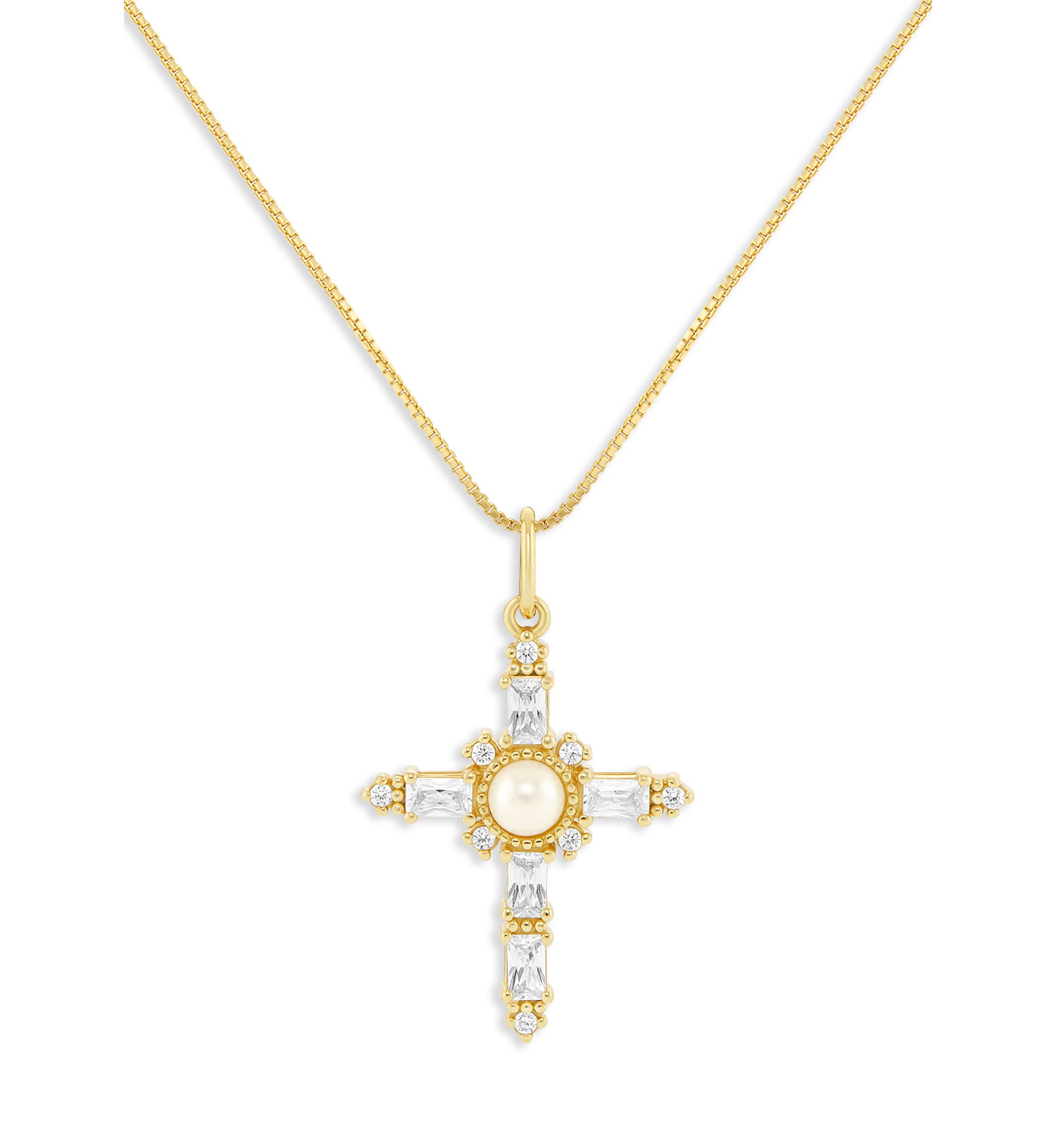 Gold Over Sterling Silver Glass Pearl & Pave Cubic Zirconia Cross Box Chain Pendant Necklace