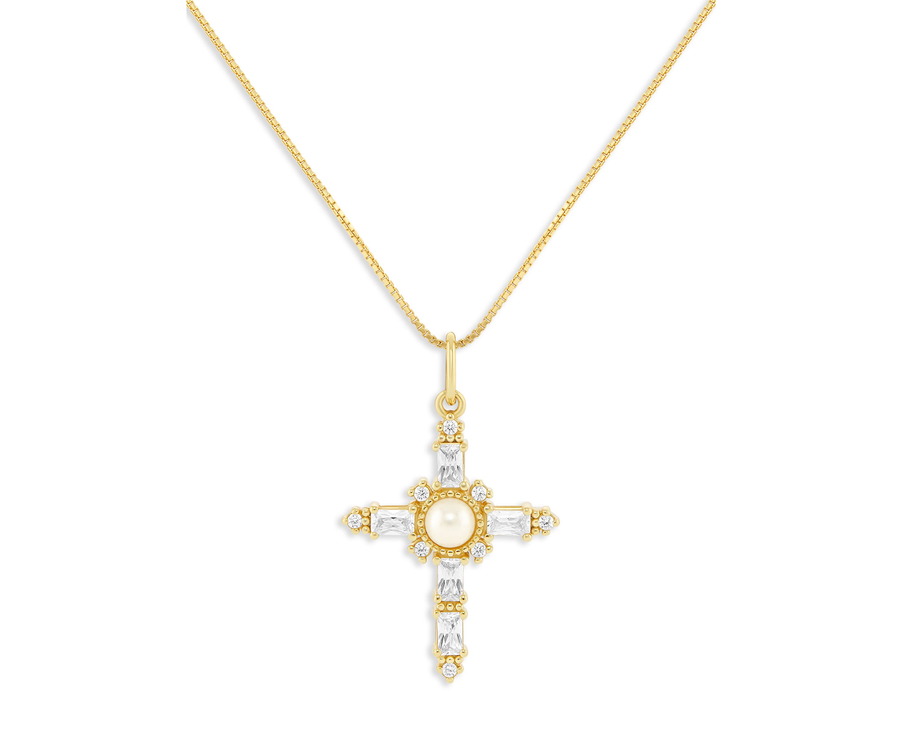 Gold Over Sterling Silver Glass Pearl & Pave Cubic Zirconia Cross Box Chain Pendant Necklace